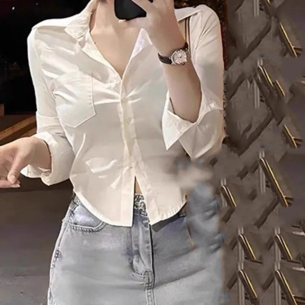 Casual Outing One Size Fashion Lapel Button Solid Color Long Sleeve Top Blouse Suitable For Summer V-neck Neckline