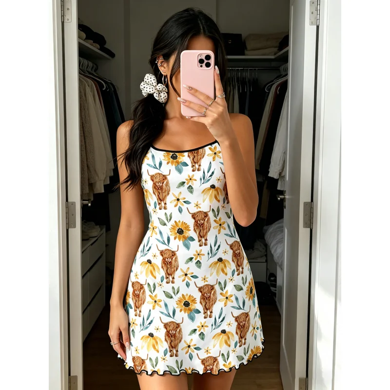 Women Summer Nightdress Spaghetti Strap Ruffle Trim Round Neck Home Loungewear Sleep Dress Highland Cow Print