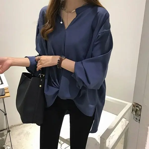 Dark Green Satin V Neck Front Twist Three Quarter Sleeve Blouse Women Loose Irregular Long Hem Casual Shirt