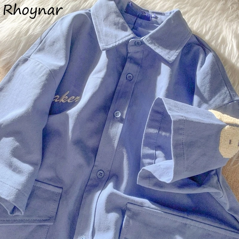 Shirts Frauen Alle-spiel Paar Mode Brief-bestickt Sommer drehen-unten Kragen Vintage Harajuku Koreanischen Stil Einfache weibliche Top