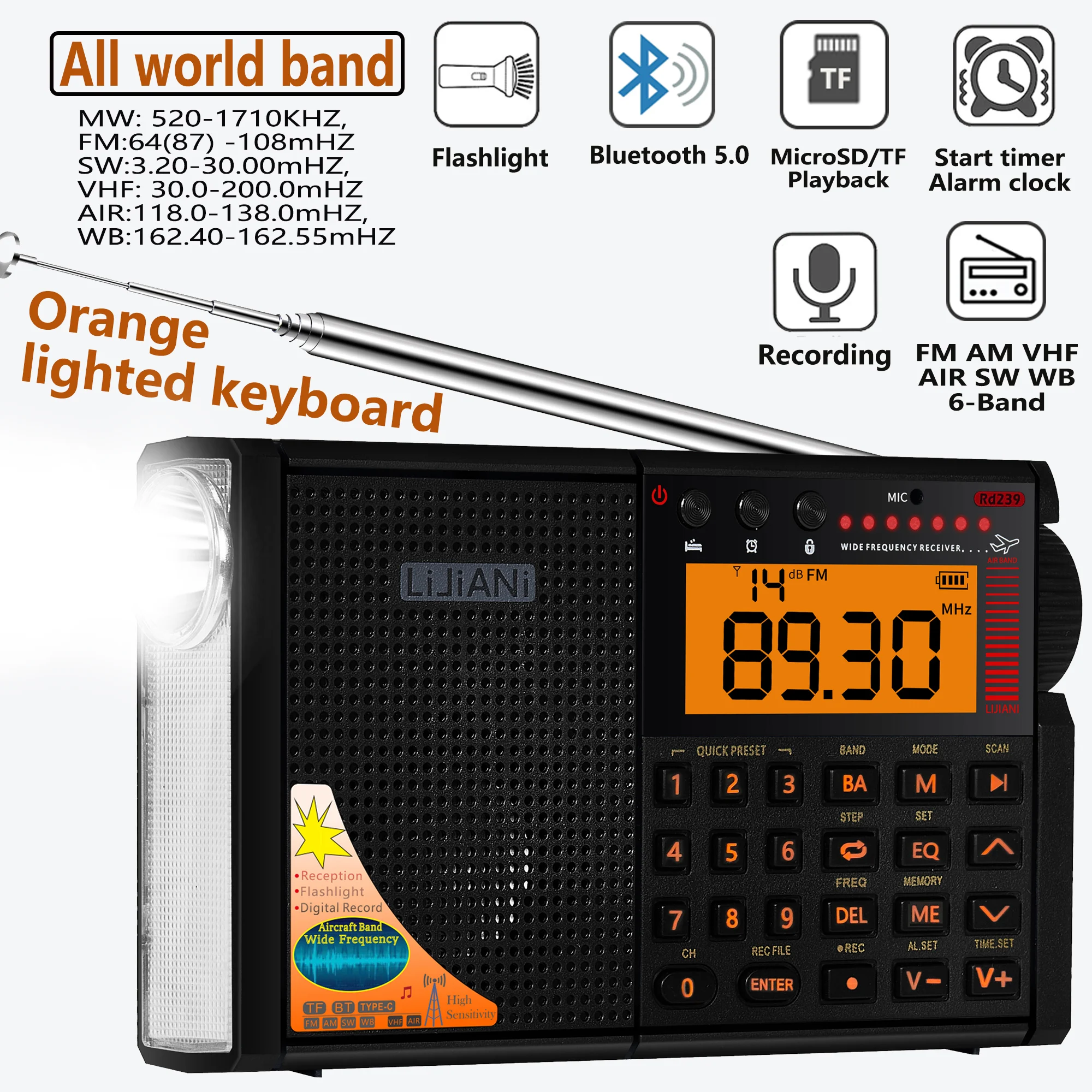 RD239 FM SW MW VHF AIR WB all World Band radio with Bluetooth/TF Card Player, Digital Record,Alarm Clock amateur shortwave radio