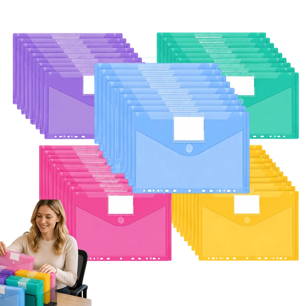 Paquet de 50 pochettes pour documents en plastique, pochettes transparentes pour documents, format papier américain/A4, avec poches pour étiquettes et attaches adhésives, adaptées à l'organisation des documents à l'école, à la maison, au travail et au bureau, disponibles en 5 couleurs différentes.