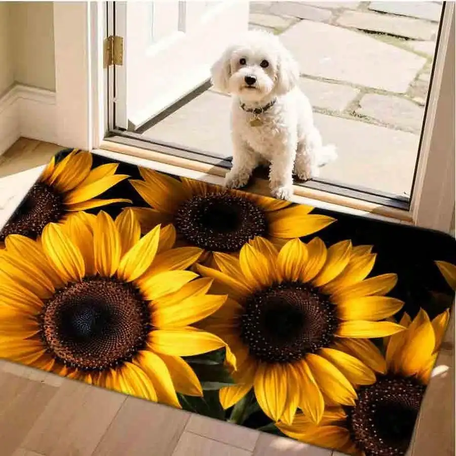 1pc Flannel Floor MatVibrant Sunflower Print Non-Slip Area Rug Botanical Floral Floor Mat For Home DecorNon-Slip, Machine Washable, Soft Area Rug For Home