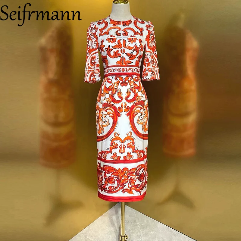 Seifrmann Lässiges bedrucktes Seidenkleid mit Rundhalsausschnitt und kurzen Ärmeln, Taillenkleid, Sommermode 2026, Damenbekleidung
