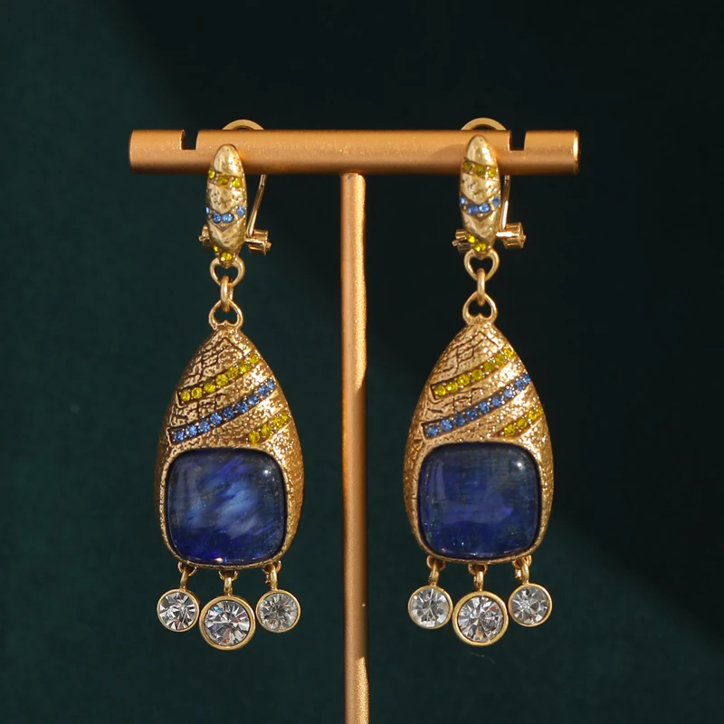 

Vintage Blue Square Natural Stone Dangle Earrings Tassels Zircon Pendant Gold Color Antique Jewelry for Woman Palace Accessories