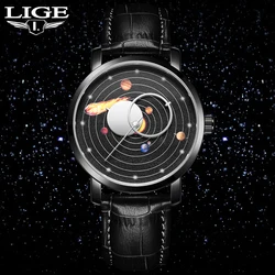 LIGE-Relógio de pulso com pulseira de couro impermeável masculino, relógio oco, sistema solar, casual, esportivo, marca de moda, luxo