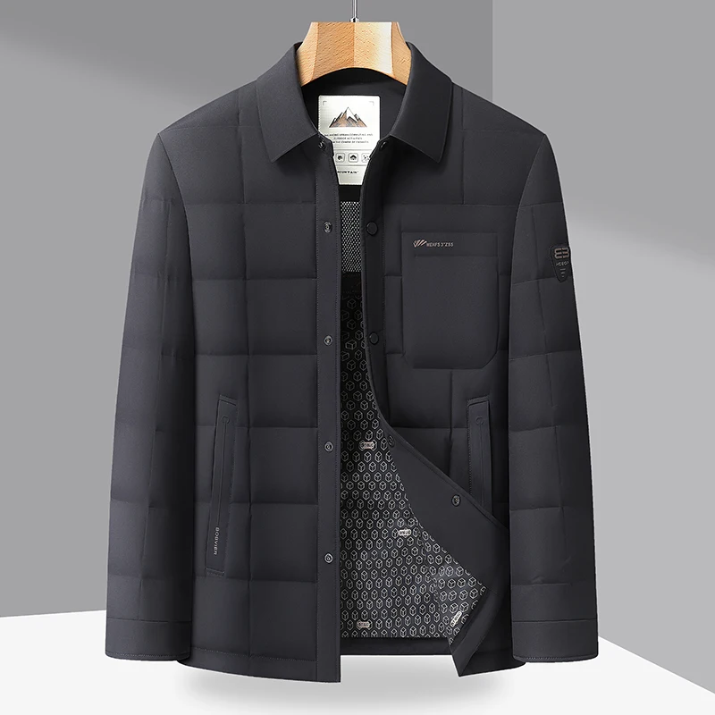 الشتاء الرجال الأسود الكاكي أسفل معطف رفض طوق واحدة الصدر قميص سترة خفيفة الوزن الدافئة الحرارية ملابس خارجية ملابس أنيقة