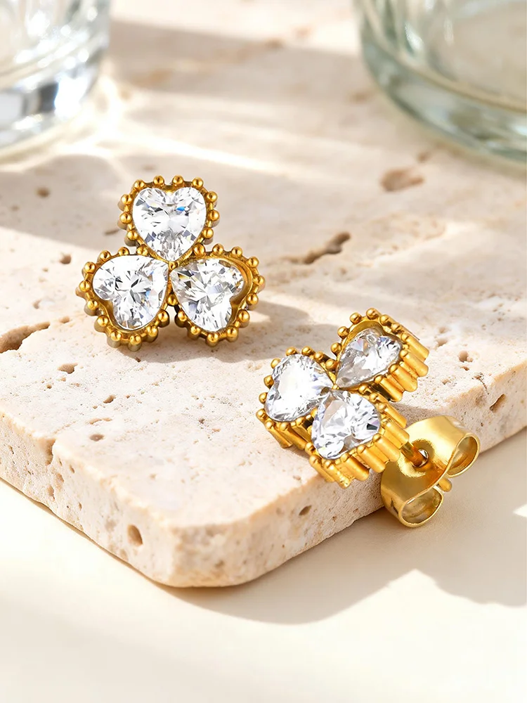 Lucky Heart Clover Stud Earrings for Women,18k Gold Plated Triple Heart Cubic Zirconia Earrings, Tarnish Resistant Jewelry