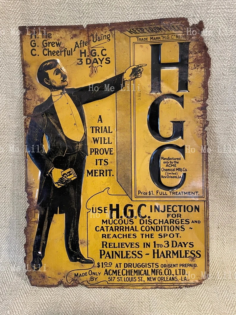 Original 1910-20 Quack Medicine Hgc Apothecary Tin Tacker Sign Plaque Iron Plate Painting