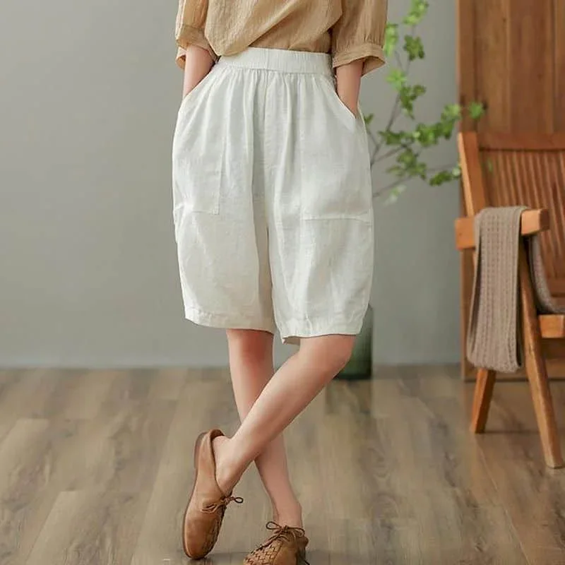 

Pop Solid Shorts Women Summer Casual Cotton Linen Straight Short Pants Korean Style Elastic Waist Five-point Trousers Women Clot