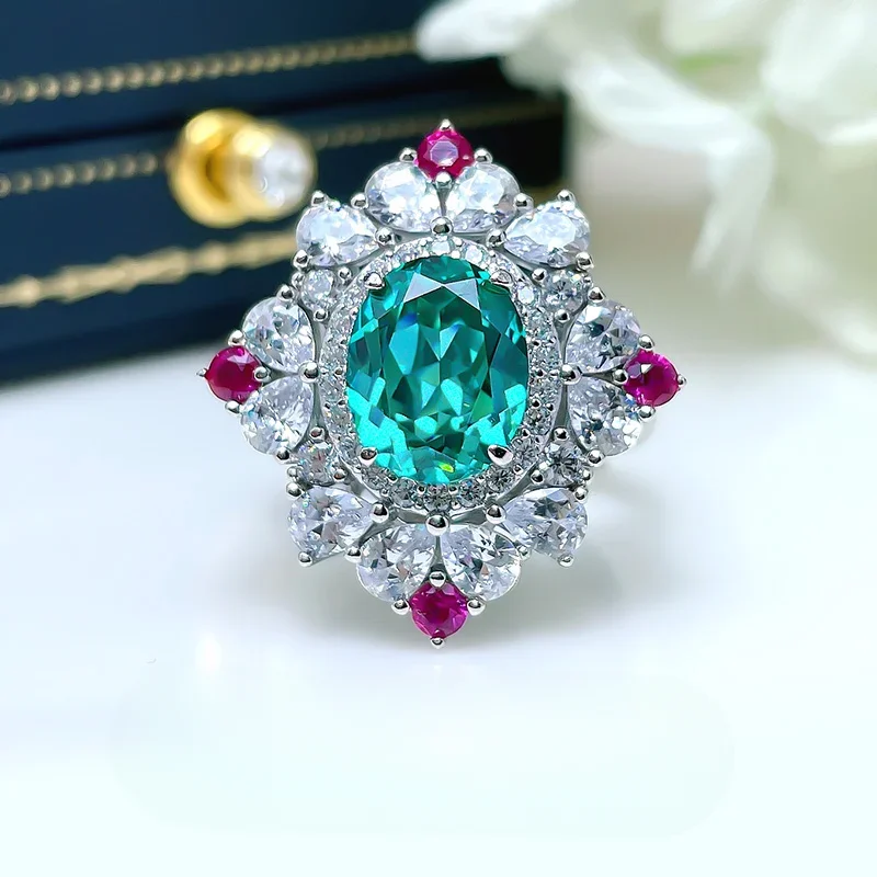 Fashionable Tourmaline s925 Silver Ring Super Flashing Imported High Carbon Diamond Precision Flower Stamen Egg Shape Wedding