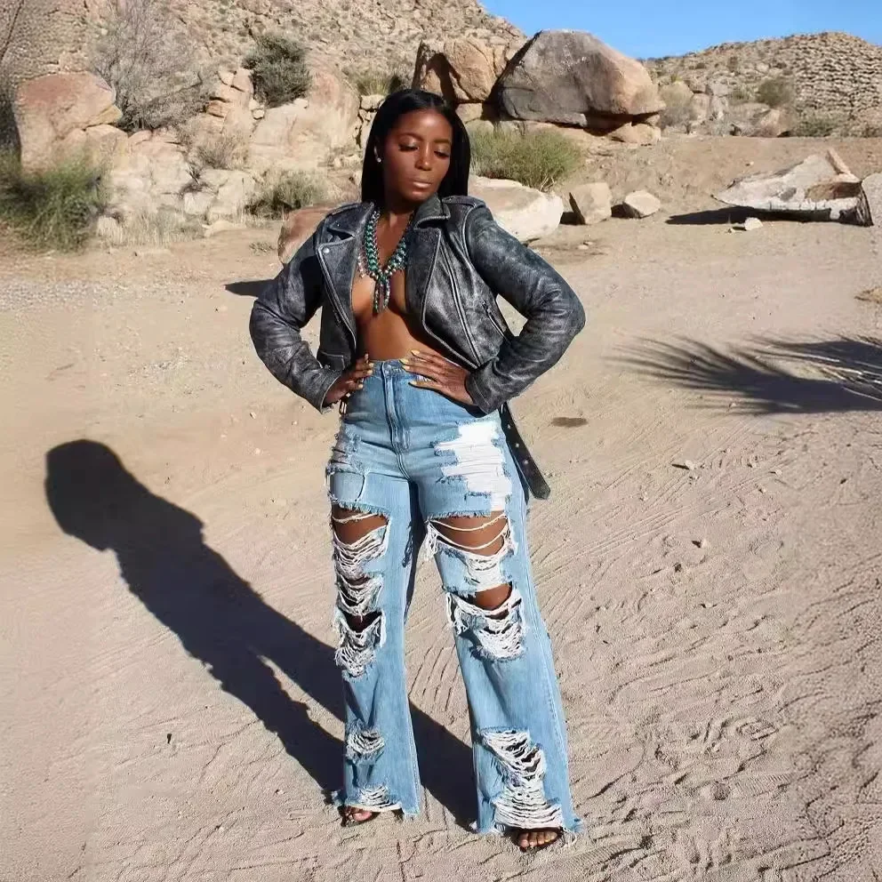Jeans Women Long Pants Elegant Splice Denim Pant Slim Fit Sexy Hole High Waist Button Pocket Straight Trousers Summer