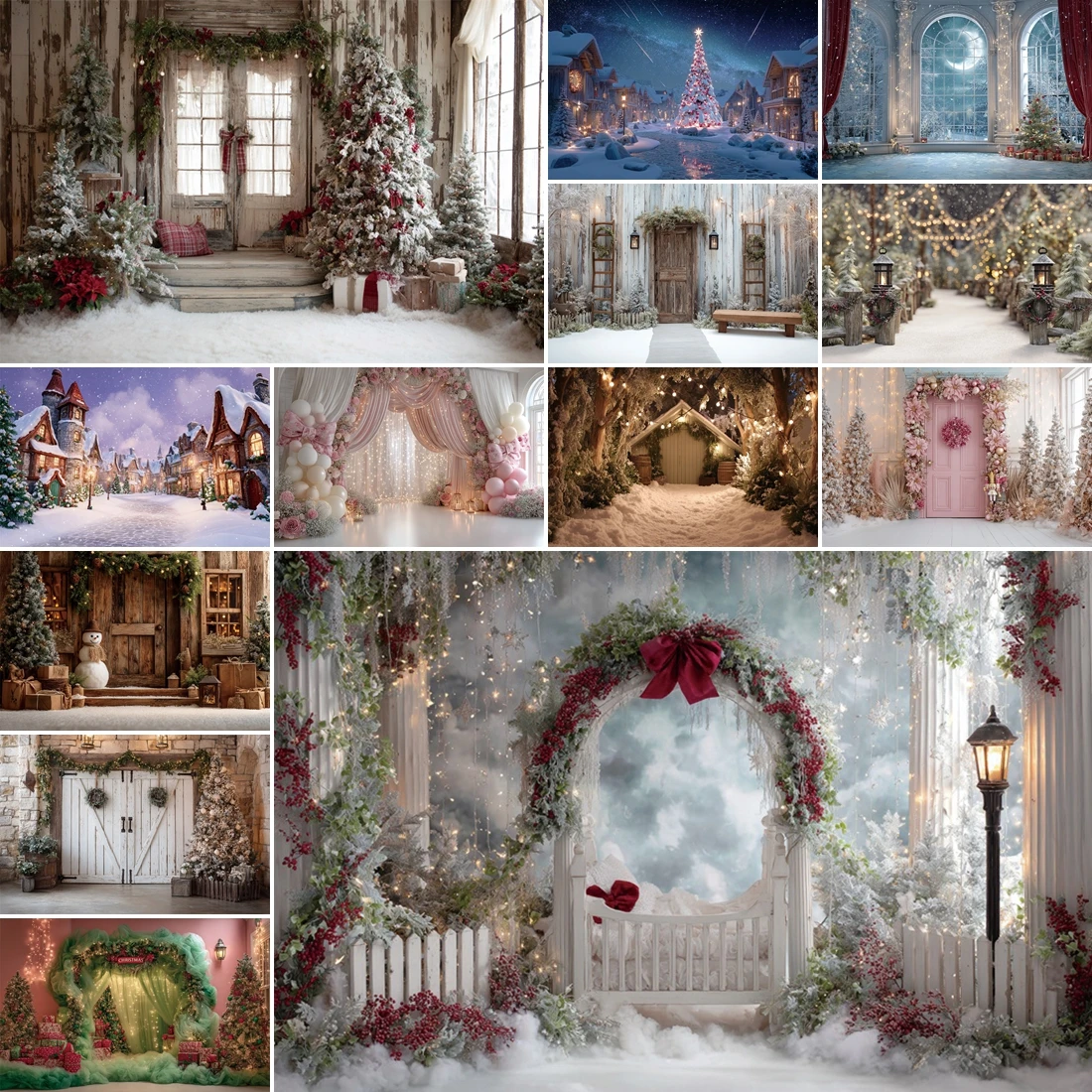 

MOON.QG Christmas Trees Backgrounds For Photographs Arch Fence Wooden Door Pine Backdrop Kids Photo Booth Studio Banner Birthday