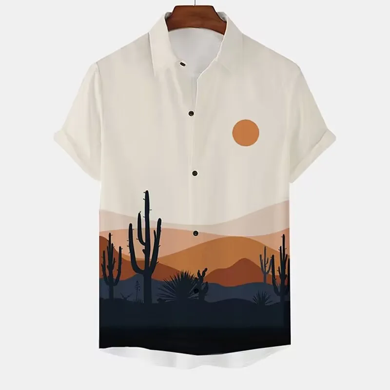 Camiseta estampada de cacto masculina, camisa de praia havaiana, paisagem natural, vintage, moda casual, verão