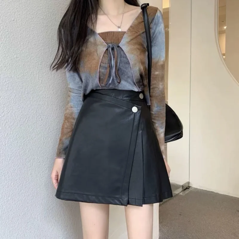 Sommer Leder Röcke Frauen Koreanische Mode Vintage OL PU Kurzen Rock Damen Casual Hohe Taille Gefaltete A-line Mini Rock