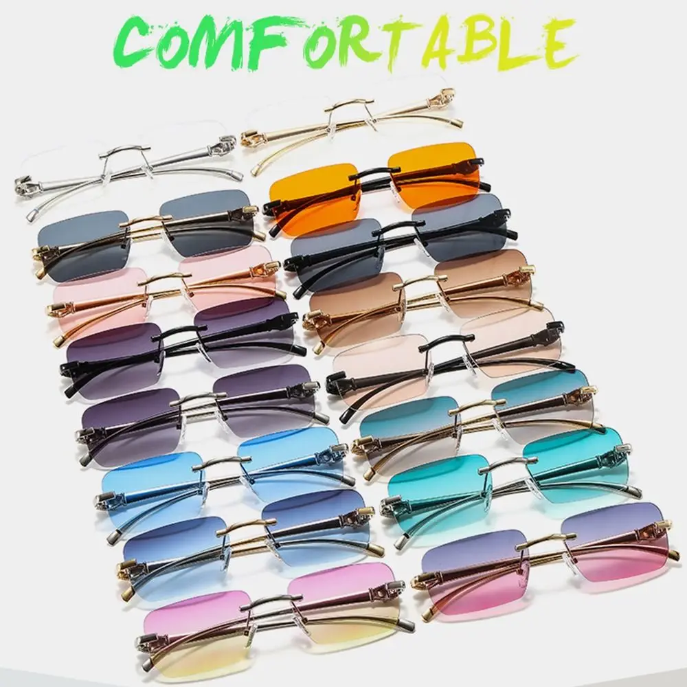 Lunettes de soleil rectangulaires sans monture pour femmes, lunettes de soleil décorées tête de léopard, protection UV dégradée, nuances de lentilles transparentes
