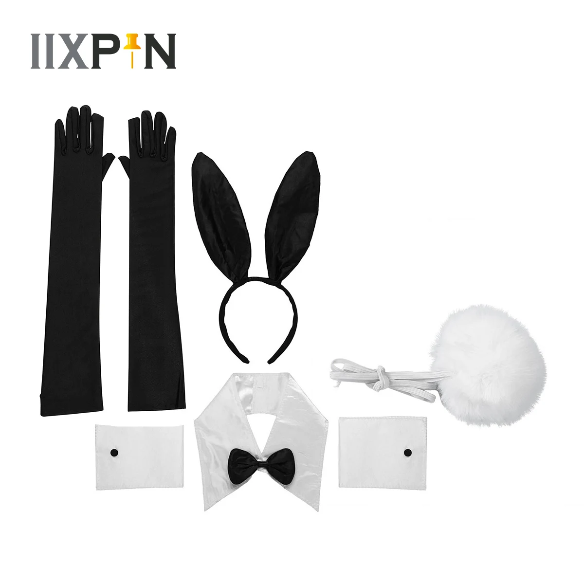 Women Bunny Accessory Set Rabbit Ear Collar Bow Tie Cuffs Tail Long Gloves for Halloween Christmas Cosplay Party Costume Props