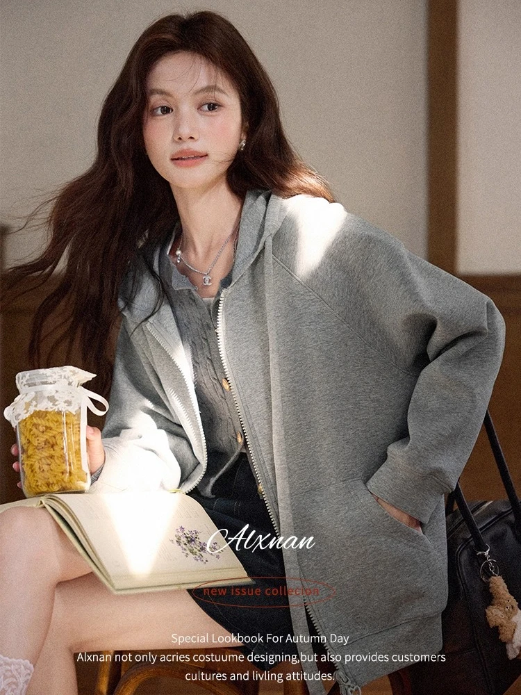 ALXNAN Plus Size Gray Hoodies Double Zipper Women's Sweatshirts Autumn Loose-fit Sports Pockets Casual Long Sleeve Coats D12639