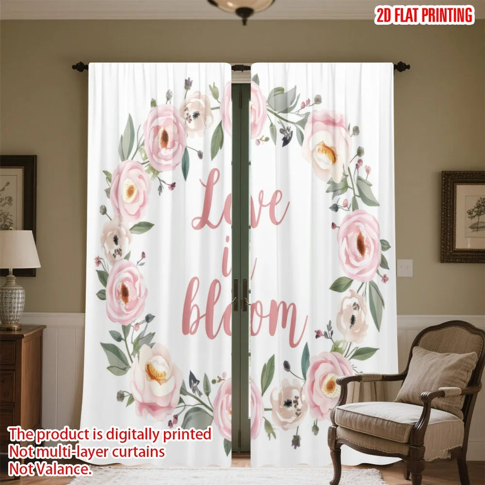 

2D flat printing 2pcs Window Curtains Valentine's Floral Wreath Digital Printed Polyester Drapes All Season Party & Holiday