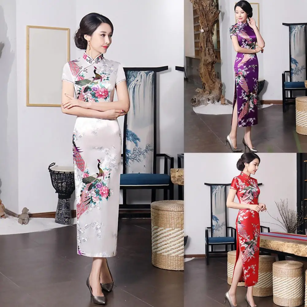 Fantástico Cheongsam largo clásico antiarrugas para mujer, manga corta, Cheongsam para mujer