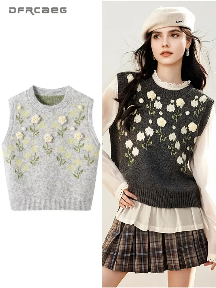 

Корейский стиль 3D цветок свитер жилет для женщин осень зима мягкий сладкий вязаный топ без рукавов женский