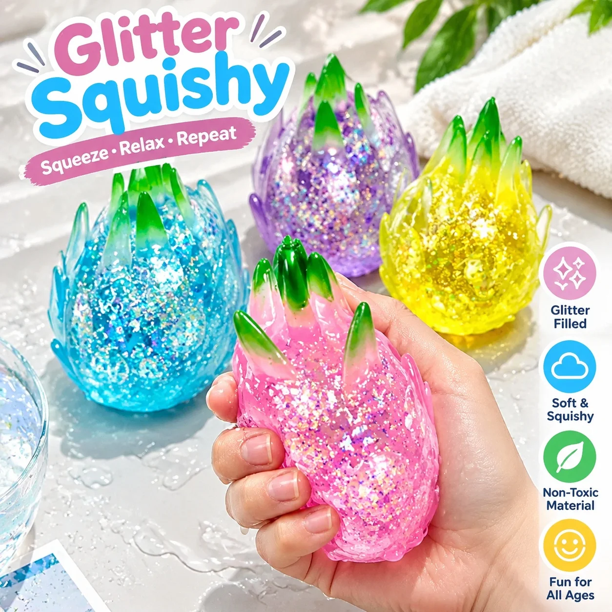 Hot Dragon Fruit Squishy Toy Transparent Glitter Soft Rubber Stress Relief Fidget Toy for Kids Students Slow Rebound Squeeze Toy