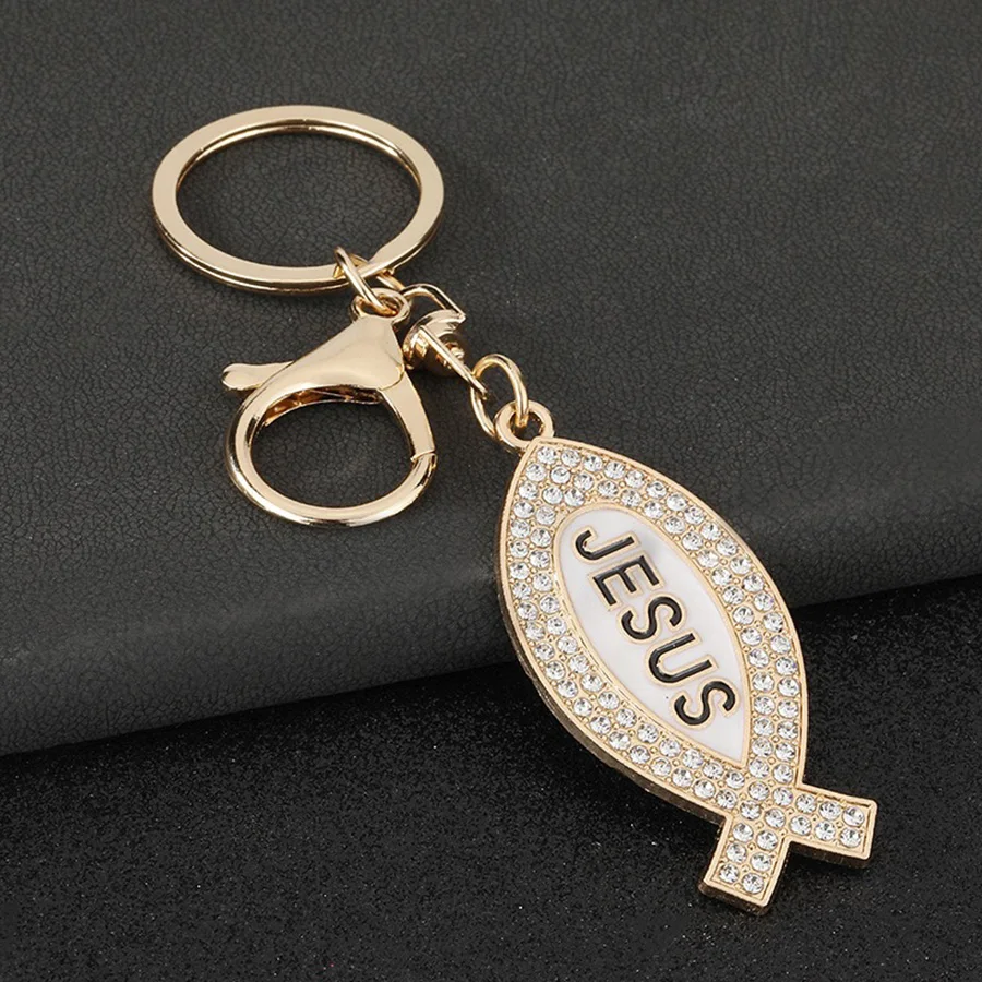 Neuer luxuriöser Jesus-Symbol-Kultur-Schlüsselanhänger, 3-Farben-Kristall-Metallhalter, hängender Schlüsselanhänger, Auto-Tasche, Dekoration, Zubehör, Schmuck