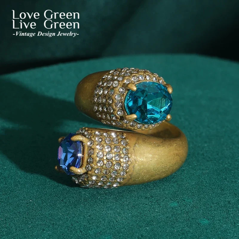 

Vintage Sapphire Blue Crystal Rings Natural Stone Antique Jewelry Gold Color Gradient Rhinestones Designer Women Accessories