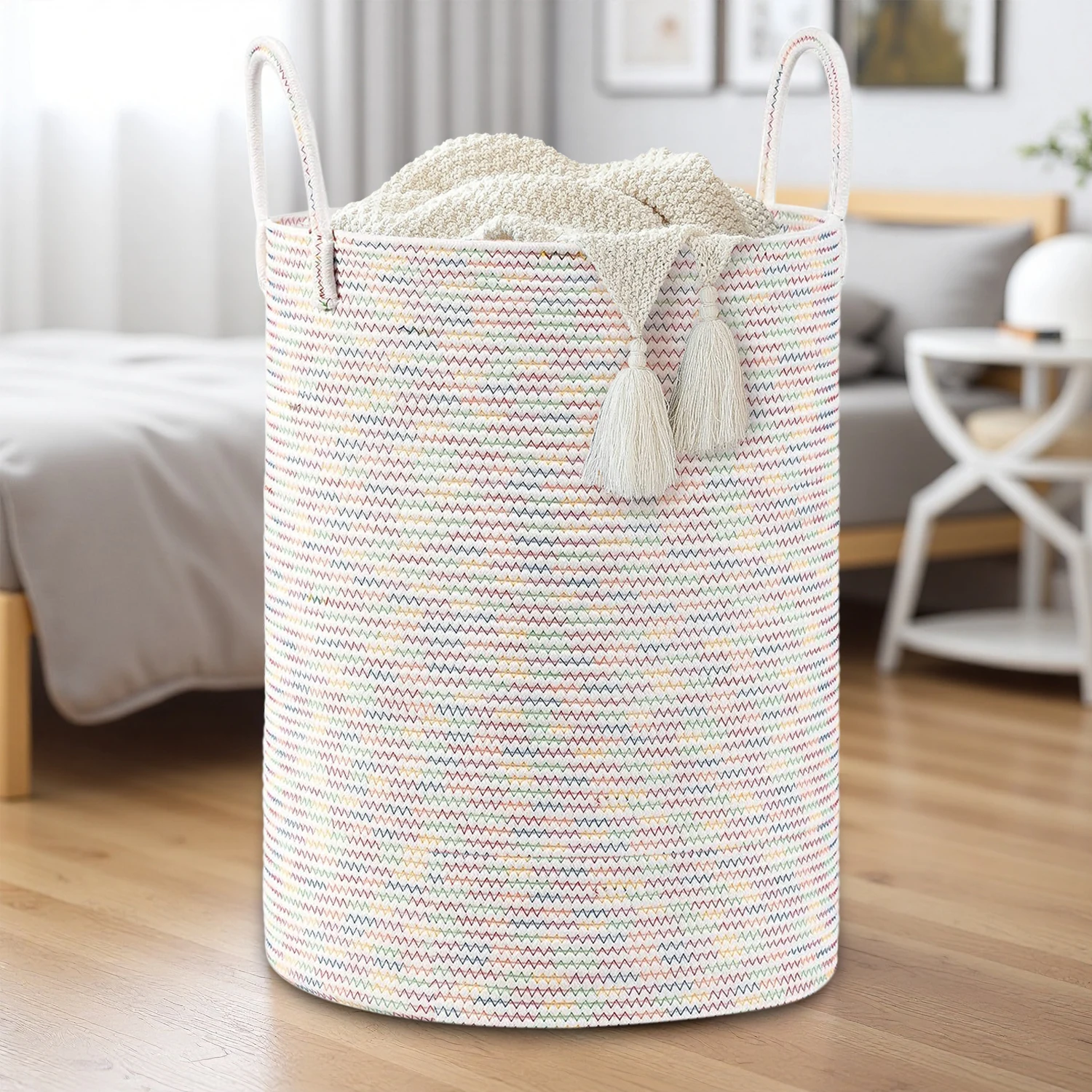 

Large Storage Basket Tall Woven Decorative Laundry Hamper With Handles Foldable Cotton Rope for Clothes Kids Toys Living Room