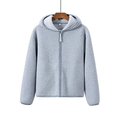 Warm Fleece Hooded Jacket with Zipper Long Sleeved Plush Overcoat for Women