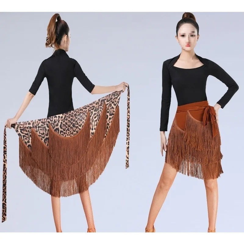 

Юбка для латинских танцев с бахромой, полотенце на бедрах, тренировочный костюм, юбка с леопардовым принтом, низ