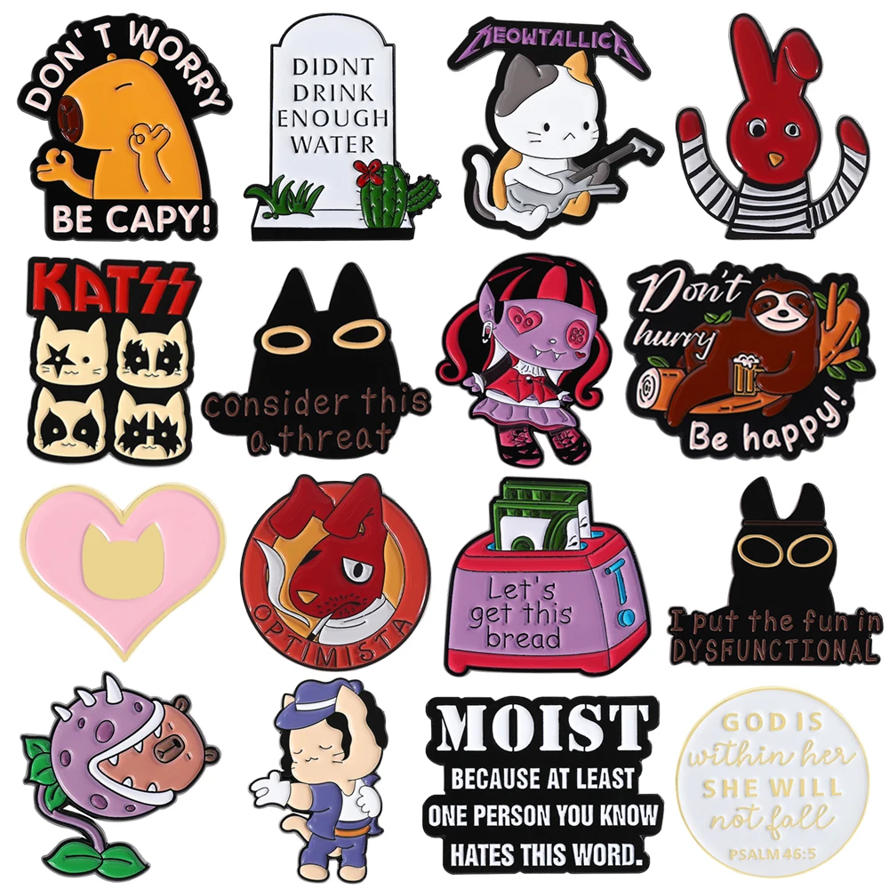 

Black Cat Ghost Enamel Pins Custom Don't Worry Be Capy,Don't Stop Meow Brooch Cartoon Pink Heart Clown Red Rabbit Pins Jewelry