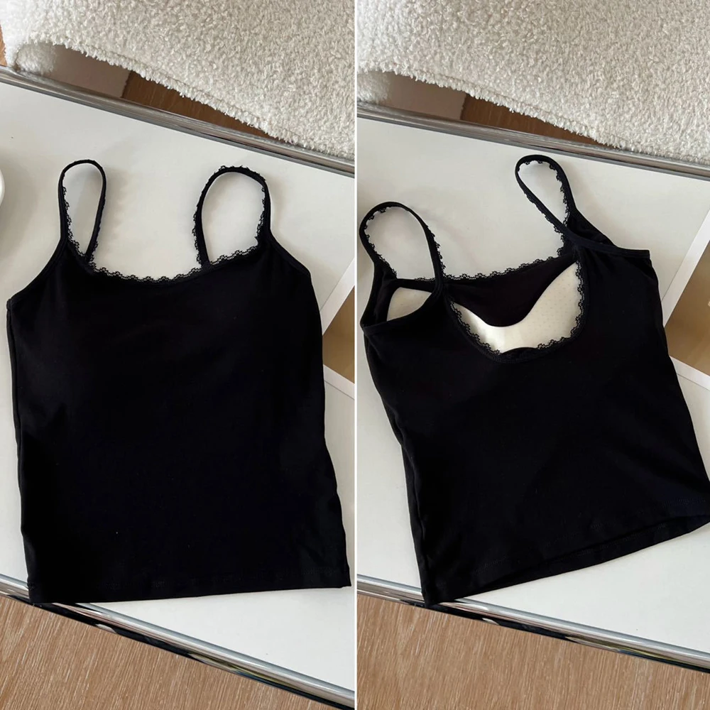 Lightweight Solid Color Vest for Women with Polyester Composition Lace Back Finish and Integrated Chest Cushion for Daily Wear