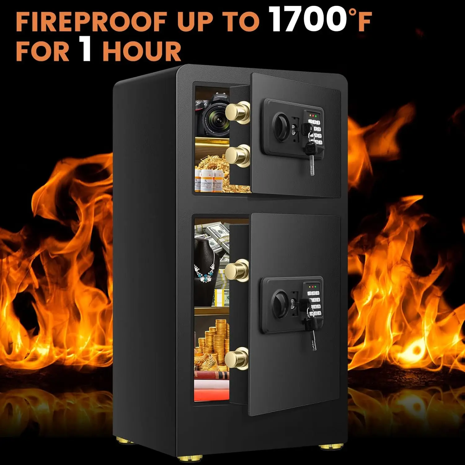 7.9 Cuft Large Safe Box Fireproof Waterproof, Fire Proof Safe With Dual Door, Digital Keypad, Removable Shelves, Hidden Compartm