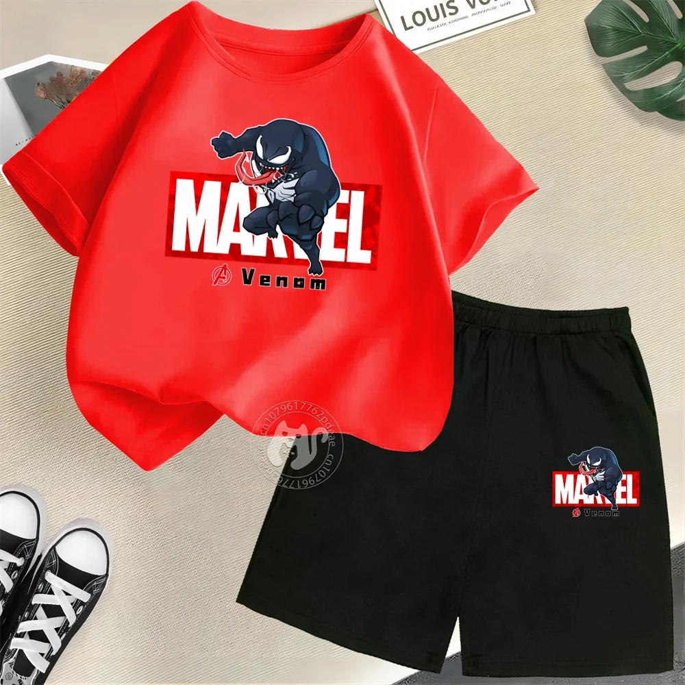 Marvel Venom Print Summer 100% Cotton T-shirt + Shorts Kids Set Boys Girls Cartoon Fashion Street casual comfort kids wear