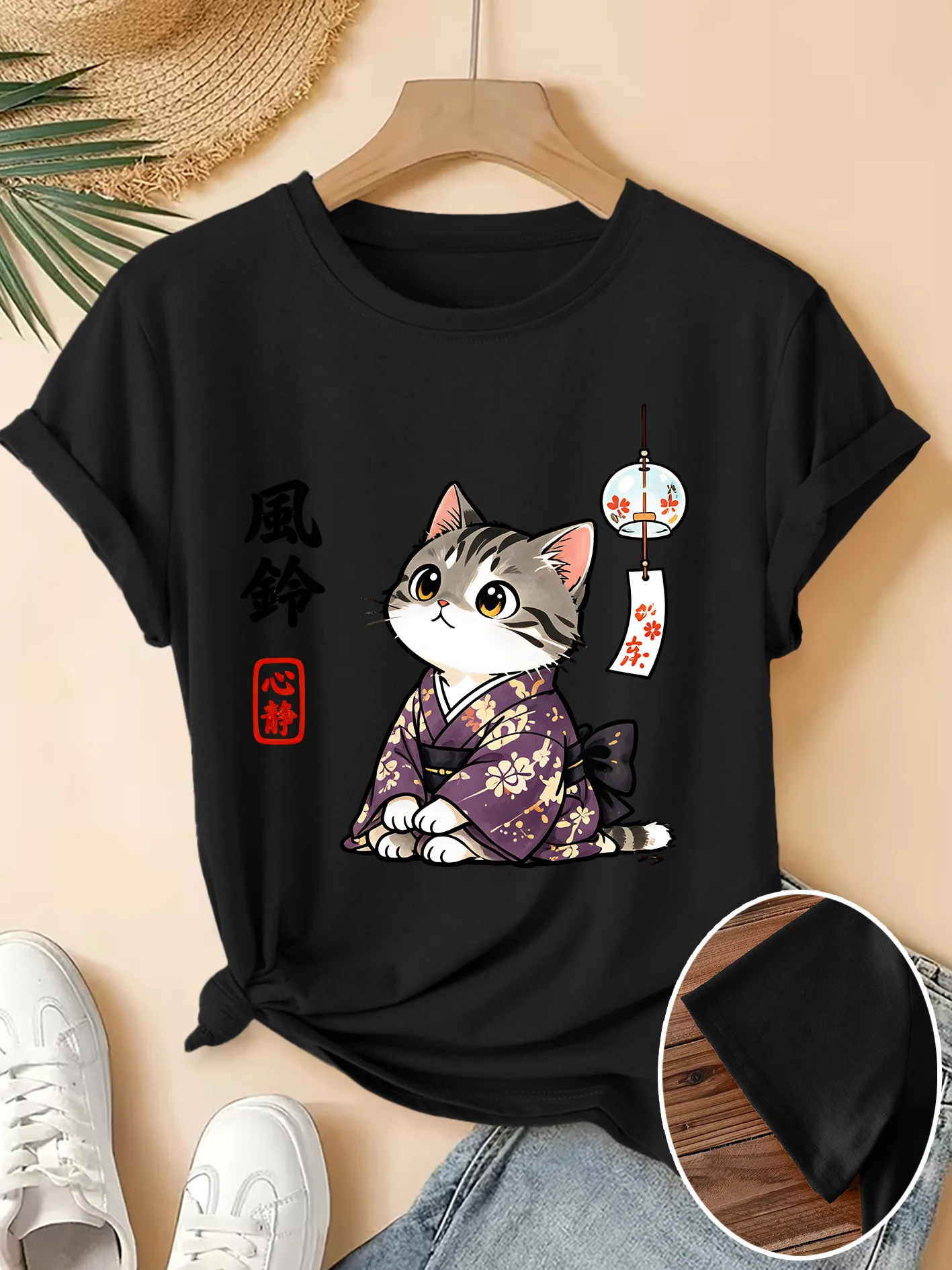 Women Crew Neck Tee Japanese Style Kimono Cat Wind Chime Graphic Print Short Sleeve Loose Ladies Cotton Plus Size Casual Top