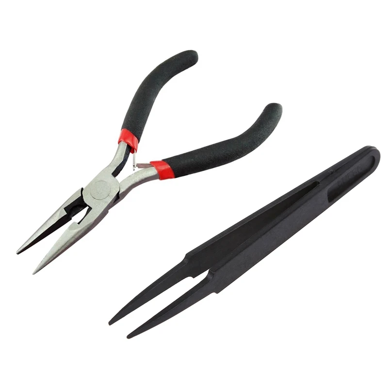 2 Pcs Black Repair Tool: 1 Pcs Plastic Anti-Static Tweezers Repair Tool & 1 Pcs Handy Pliers DIY Tool Needle Nose No Tooth