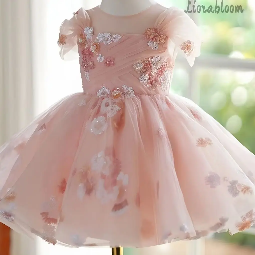 Abito Formale Rosa con Ricami Floreali per Bambine, Vestito da Damigella, Abbigliamento da Cerimonia per Ragazze