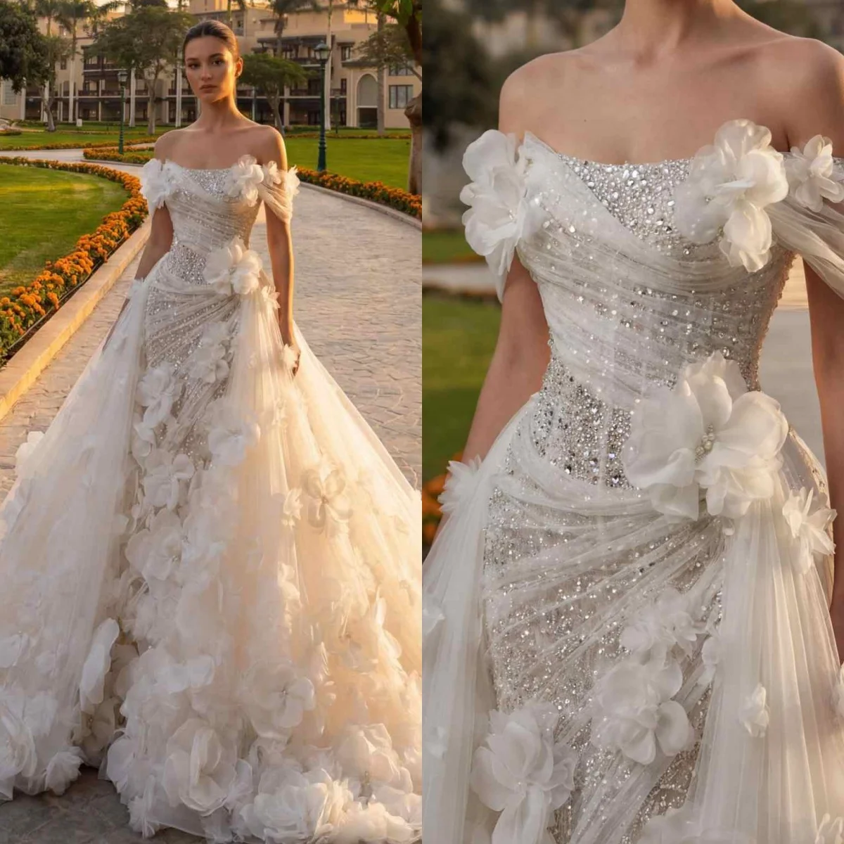 

Simple Off The Shoulder Beaded Mermaid Wedding Dress Elegant Appliques Pearls Bridal Gown Sweep Train Bride Dresses Customized