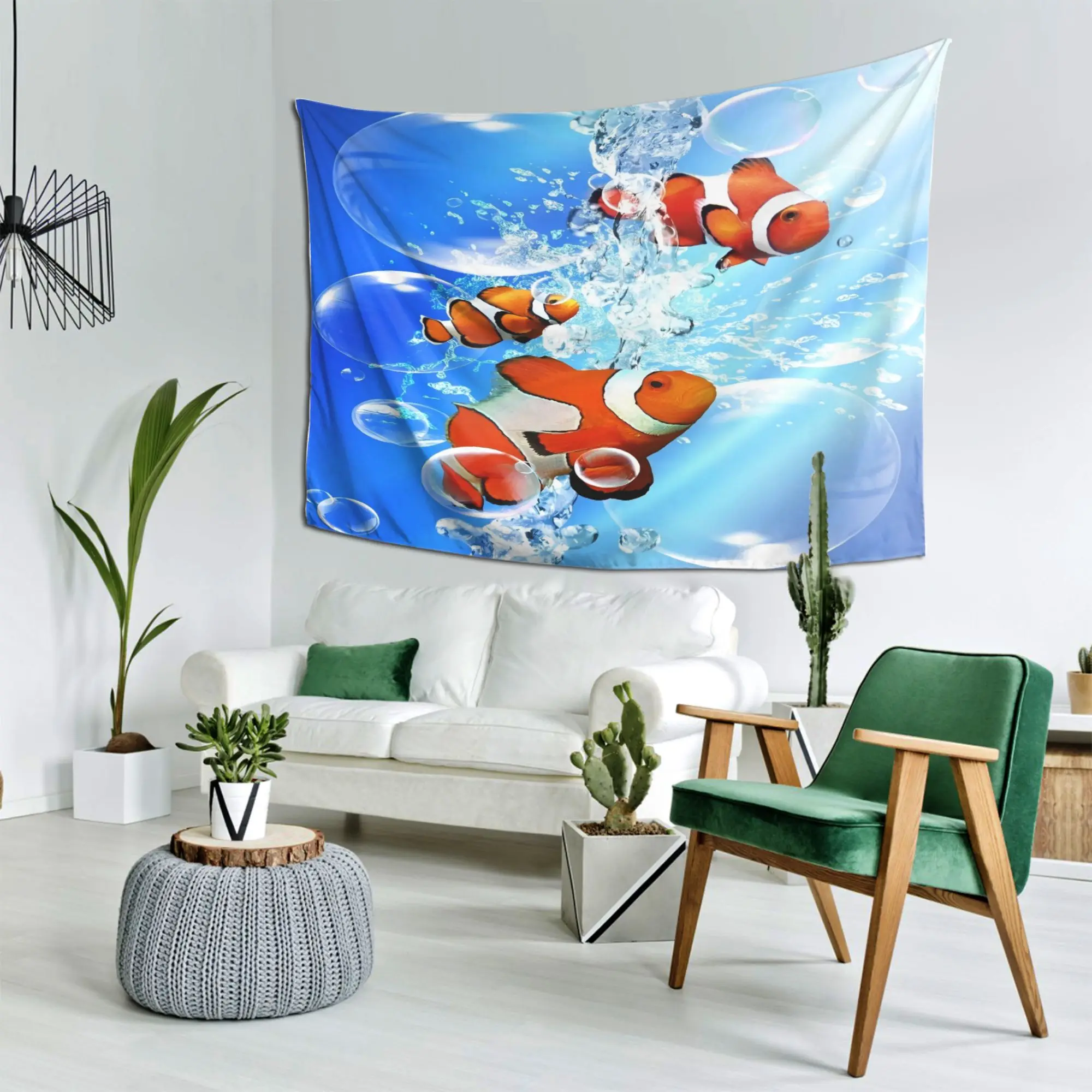 VIKAMA Fresh Ocean Wind Clown Fish Tapestry Blue Underwater Bubbles Water Splash Print Hanging Cloth Room Decoration