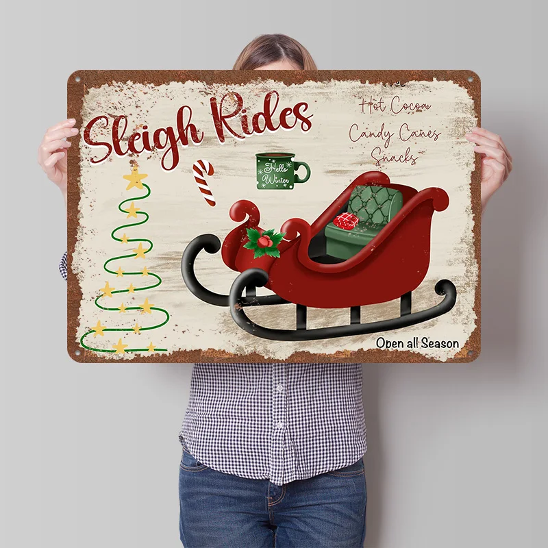 Sleigh Rides Christmas Sign Tinplate Poster Customized Wall Art Vintage Metal Signs Retro Tin Plaque for Home Decorations Decor