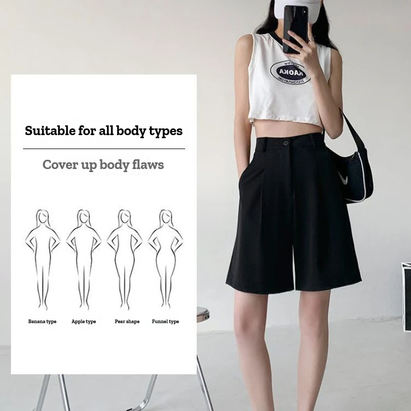 Knee Length Suit Shorts for Women Summer Thin High Waisted A-Line Wide Leg Pants Woman Loose Black Straight Leg Short Shorts