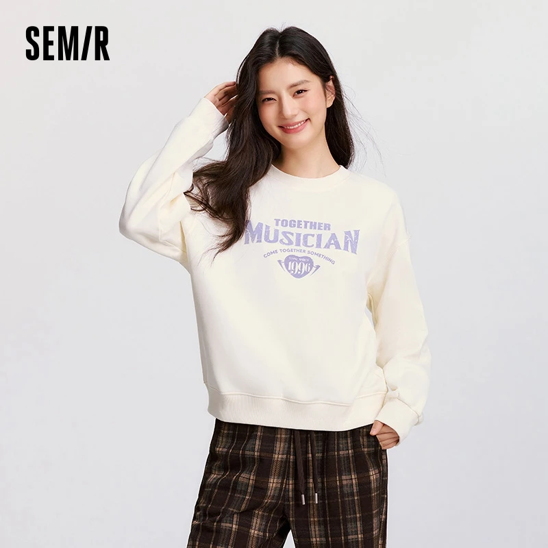 Semir Sweatshirt Women Letter Dropped Shoulder Round Neck Top Loose Trendy Personality Winter White Polar Fleece Retro Pullover