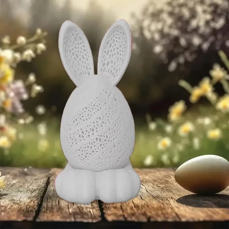 PORK-3D impressão oco para fora ornamento de coelho de páscoa, castiçal decoração de mesa de gesso, estatuetas de ovos de coelho de corte branco