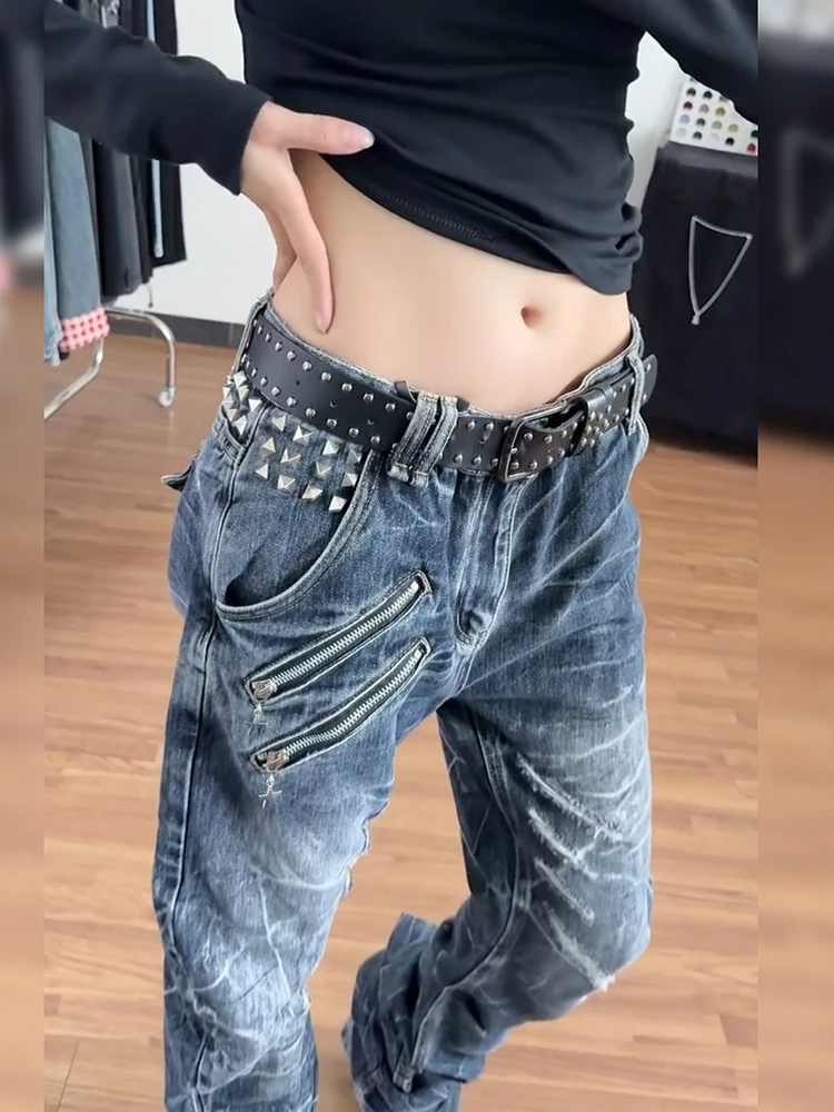 Retro American Spicy Girl Heavy Design Sense Scratch Rivet Jeans Women's Slim Micro Flare Pants Trendy Natural Waist Zipper C...