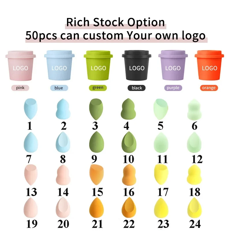 50 stuks aangepast logo blauwe kleuren cosmetische blender aanpassen spons private label latex gratis koffiekopje make-up spons blender