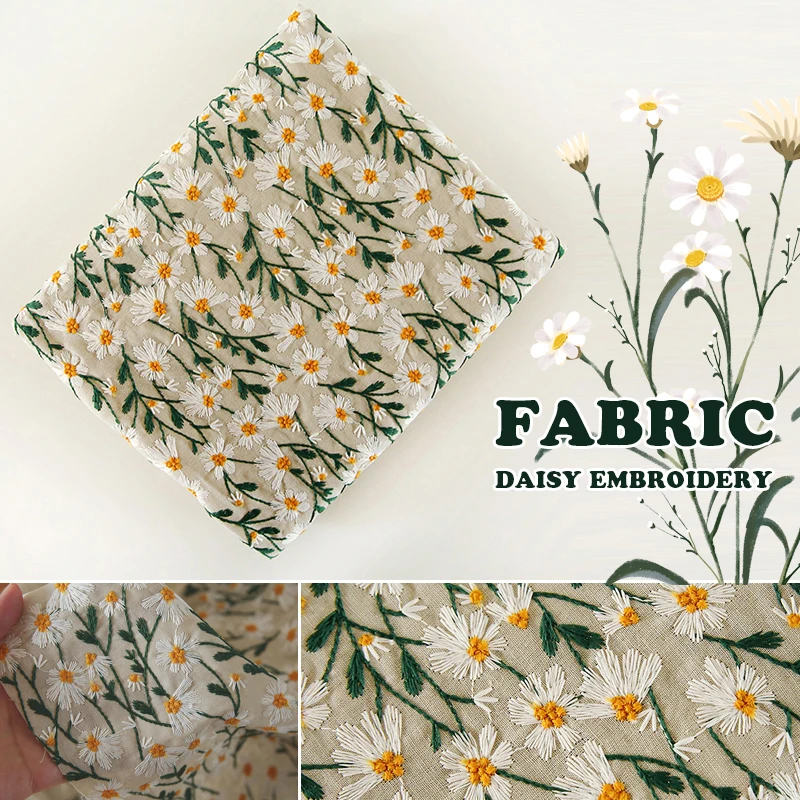 50x135cm Retro Daisy Embroidery Cotton Linen Fabric 3D Flower Fashion Art DIY Bag Clothing Tablecloth Cover Sewing Accessories