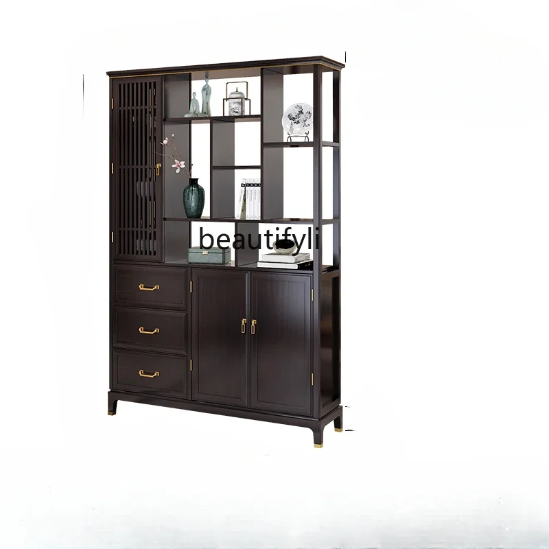 

V New Chinese Style Entrance Cabinet Shoe Cabinet Integrated Wall Double-Sided Hallway Solid Wood Wine Cabinet