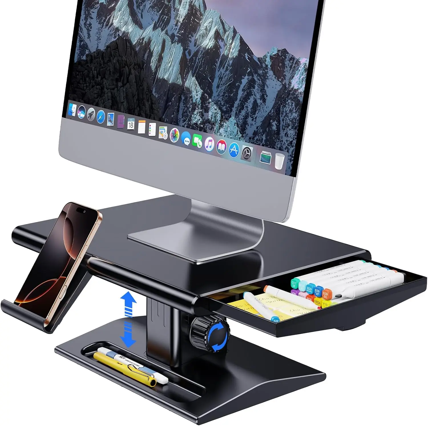 Suporte para Monitor de Computador para Mesa, Ajustável em Altura de 5.7-6.5 Polegadas com Gaveta de Armazenamento e Suporte para Telefone