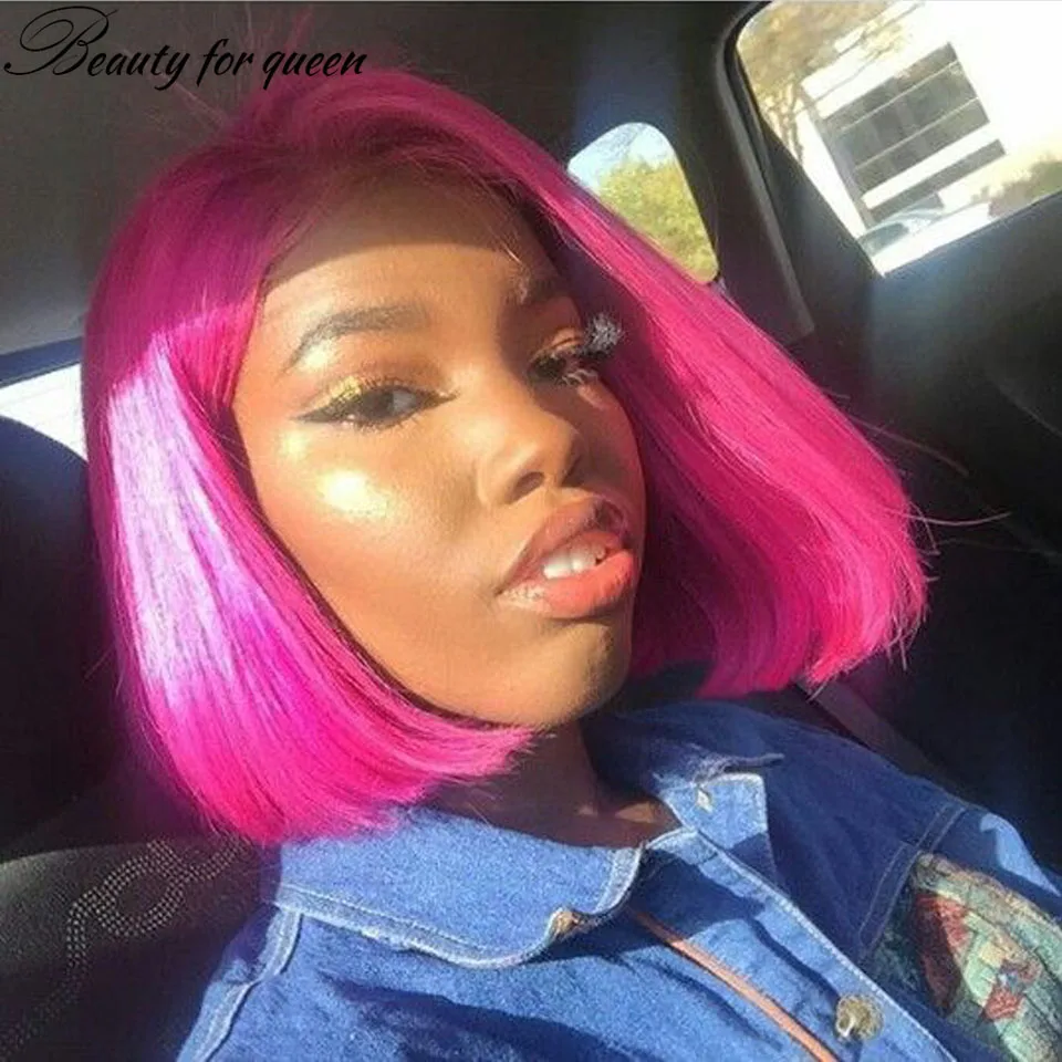 

С Волосами Короткий Парик 13x4 Парик Фронта Шнурка 180% Плотность Розовый Боб Парик Бесклеевой Парик Человеческие Волосы Готов к Ношению Парики из 100% Человеческих Волос